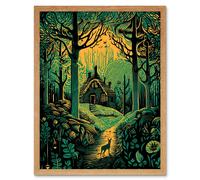 Artery8 Wall Art Print Cabin Hut in the Forest Green & Orange Linocut Art Framed in Light Oak | Size: W12" x H16" Artery8 Light Oak W12" x H16"