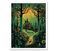 Artery8 Wall Art Print Cabin Hut in the Forest Green & Orange Linocut Art Framed in White | Size: W12" x H16" Artery8 White W12" x H16"
