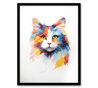 Artery8 Calico Cat Lover Gift Pet Portrait Orange Blue Artwork Painting Artwork Framed Wall Art Print A4