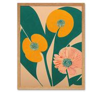 Artery8 Wall Art Print California Poppy Flower Blooms Turquoise Leaves Bright Art Framed in Light Oak | Size: W12" x H16" Artery8 Light Oak W12" x H16"