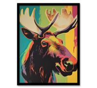 Artery8 Canadian Moose Psychedelic Animal Portrait Screenprint Artwork Vibrant Bold Bright Colourful Painting Artwork Framed Wall Art Print A4