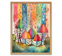 Artery8 Wall Art Print Candy Land Rain Rainbow Folk Art Framed in Light Oak | Size: W12" x H16" Artery8 Light Oak W12" x H16"