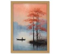 Artery8 Canoe Boat on Misty Lake Oil Painting Landscape Blue Pink Blossom Tree Early Morning Artwork Framed Wall Art Print A4