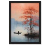 Wall Art Print Canoe Boat on Misty Lake Oil Painting Landscape Blue Pink Blossom Tree Early Morning Artwork Framed A4 Artery8 Black A4