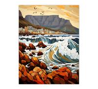 Artery8 Wall Art Print Cape Town Cityscape under Table Mountain Stylised Painting Poster | Size: W12" x H16" Artery8 Multicolor W12" x H16"