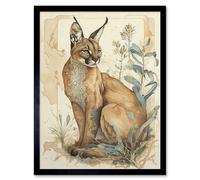 Artery8 Wall Art Print Caracal Cat with Teal Plants Modern Pastel Watercolour Art Framed in Black | Size: W12" x H16" Artery8 Black W12" x H16"