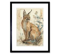 Artery8 Wall Art Print Caracal Cat with Teal Plants Modern Pastel Watercolour Artwork Framed 9X7 Inch in Black | Size: W7" x H9" Artery8 Black W7" x H9"