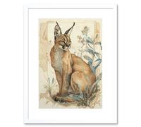 Artery8 Wall Art Print Caracal Cat with Teal Plants Modern Pastel Watercolour Artwork Framed 9X7 Inch in White | Size: W7" x H9" Artery8 White W7" x H9"