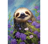 Artery8 Wall Art Print Carefree Sloth in a Field of Lavender Daisies Oil Painting Enjoying the Spring Rain Kids Bedroom Poster | Size: W24" x H32" Artery8 Blue W24" x H32"