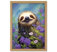 Artery8 Wall Art Print Carefree Sloth in a Field of Lavender Daisies Oil Painting Enjoying the Spring Rain Kids Bedroom Artwork Framed A4 in Light Oak Artery8 Light Oak A4