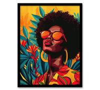 Artery8 Wall Art Print Caribbean Woman Shades Pop Art Sunny Day Painting Art Framed Poster in Black | Size: W12" x H16" Artery8 Black W12" x H16"