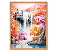 Artery8 Wall Art Print Cascading Waterfall in Orange Pink Tree Lush Forest Vibrant Watercolour Painting Art Framed in Light Oak | Size: W12" x H16" Artery8 Light Oak W12" x H16"