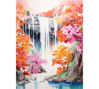 Artery8 Wall Art Print Cascading Waterfall in Orange Pink Tree Lush Forest Vibrant Watercolour Painting Poster | Size: W12" x H16" Artery8 Pink W12" x H16"