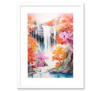 Artery8 Wall Art Print Cascading Waterfall in Orange Pink Tree Lush Forest Vibrant Watercolour Painting Artwork Framed 9X7 Inch | Size: W7" x H9" Artery8 White W7" x H9"
