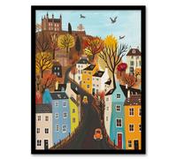 Artery8 Wall Art Print Castle Hill Road Drive Autumn Tree Cityscape Art Framed Poster in Black | Size: W12" x H16" Artery8 Black W12" x H16"