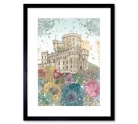 Artery8 Wall Art Print Castle over Blooming Flower Meadow Modern Pastel Colour Linocut Artwork Framed 9X7 Inch in Black | Size: W7" x H9" Artery8 Black W7" x H9"