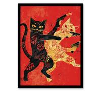 Artery8 Wall Art Print Cat Fight Fun Lover Red Black Japanese Style Art Framed Poster | Size: A4 Artery8 Black A4