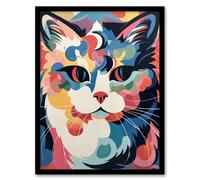 Artery8 Wall Art Print Cat Graphic 1960s Abstract Painting Pastel Colour Retro Boho Animal Portrait Art Framed | Size: W12" x H16" Artery8 Multicolor W12" x H16"