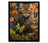 Wall Art Print Cat In Flower Field Blooms Stylised Graphic Painting Colourful Psychedelic Animal Portrait Art Framed Artery8 Green A4