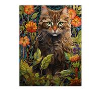 Artery8 Wall Art Print Cat In Flower Field Blooms Stylised Graphic Painting Colourful Psychedelic Animal Portrait Poster in Green | Size: W12" x H16" Artery8 Green W12" x H16"