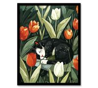 Wall Art Print Cat Lover Cute Pet Sleeping in Tulip Flower Field Art Framed Poster Artery8 Black A4