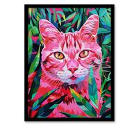 Artery8 Wall Art Print Cat Lover Pet in Fronds Psychedelic Pink Green Art Framed Poster in Black | Size: A4 Artery8 Black A4