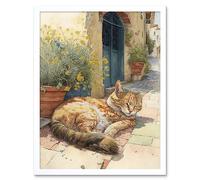 Artery8 Wall Art Print Cat Sunbathing in Mediterranean Village Street Watercolour Art Framed in White | Size: W12" x H16" Artery8 White W12" x H16"