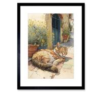 Artery8 Wall Art Print Cat Sunbathing in Mediterranean Village Street Watercolour Artwork Framed 9X7 Inch in Black | Size: W7" x H9" Artery8 Black W7" x H9"