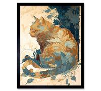Artery8 Framed Wall Art Cat With Leaf Pattern Fur Coat Modern Teal And Ochre - 12X16 Inch