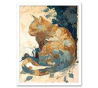 Artery8 Wall Art Print Cat with Leaf Pattern Fur Coat Modern Teal & Ochre Art Framed in White | Size: W12" x H16" Artery8 White W12" x H16"