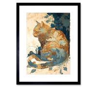 Artery8 Wall Art Print Cat With Leaf Pattern Fur Coat Modern Teal And Ochre Artwork Framed 9X7 Inch