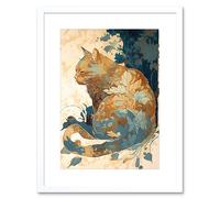Artery8 Wall Art Print Cat with Leaf Pattern Fur Coat Modern Teal & Ochre Artwork Framed 9X7 Inch in White | Size: W7" x H9" Artery8 White W7" x H9"