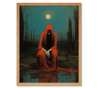 Artery8 Wall Art Print Charon in Red Cloak Beksinski Inspired Conceptual Artwork Full Moon Barren Landscape Art Framed | Size: W12" x H16" Artery8 Light Oak W12" x H16"