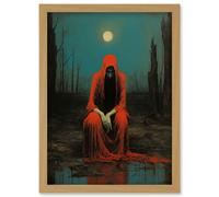 Artery8 Wall Art Print Charon in Red Cloak Beksinski Inspired Conceptual Artwork Full Moon Barren Landscape Artwork Framed A4 in Light Oak Artery8 Light Oak A4