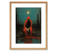 Artery8 Wall Art Print Charon in Red Cloak Beksinski Inspired Conceptual Artwork Full Moon Barren Landscape Artwork Framed 9X7 Inch | Size: W7" x H9" Artery8 Beige W7" x H9"