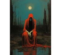 Artery8 Wall Art Print Charon in Red Cloak Beksinski Inspired Conceptual Artwork Full Moon Barren Landscape Poster in Dark Blue | Size: W18" x H24" Artery8 Dark Blue W18" x H24"