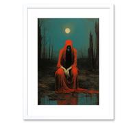 Artery8 Wall Art Print Charon in Red Cloak Beksinski Inspired Conceptual Artwork Full Moon Barren Landscape Artwork Framed 9X7 Inch | Size: W7" x H9" Artery8 White W7" x H9"