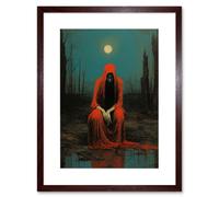 Artery8 Wall Art Print Charon in Red Cloak Beksinski Inspired Conceptual Artwork Full Moon Barren Landscape Artwork Framed 9X7 Inch | Size: W7" x H9" Artery8 Brown W7" x H9"
