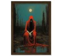 Artery8 Wall Art Print Charon in Red Cloak Beksinski Inspired Conceptual Artwork Full Moon Barren Landscape Artwork Framed A4 in Brown Artery8 Brown A4