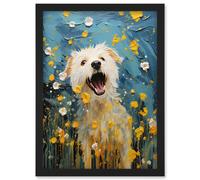 Wall Art Print Chasing the Flowers White Terrier in Spring Meadow Thick Paint Oil Painting Blooms Coton de Tulear Artwork Framed A4 Artery8 Black A4