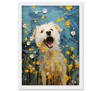 Wall Art Print Chasing the Flowers White Terrier in Spring Meadow Thick Paint Oil Painting Blooms Coton de Tulear Artwork Framed A4 Artery8 White A4