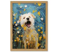 Wall Art Print Chasing the Flowers White Terrier in Spring Meadow Thick Paint Oil Painting Blooms Coton de Tulear Artwork Framed A4 Artery8 Light Oak A4
