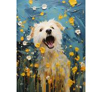 Wall Art Print Chasing the Flowers White Terrier in Spring Meadow Thick Paint Oil Painting Blooms Coton de Tulear Poster Artery8 Blue W18 inch x H24 inch