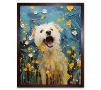 Artery8 Wall Art Print Chasing the Flowers White Terrier in Spring Meadow Thick Paint Oil Painting Blooms Coton de Tulear Art Framed Artery8 Brown W12" x H16"
