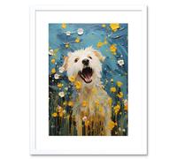 Artery8 Wall Art Print Chasing the Flowers White Terrier in Spring Meadow Thick Paint Oil Painting Blooms Coton de Tulear Artwork Framed 9X7 Inch Artery8 White W7" x H9"