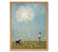 Artery8 Wall Art Print Chasing the Giant Dandelion Dream Artwork Giant Wish Oil Painting Kids Bedroom Child & Pet Dog in Daisy Field Art Framed Artery8 Light Oak W12" x H16"