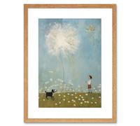 Artery8 Wall Art Print Chasing the Giant Dandelion Dream Artwork Giant Wish Oil Painting Kids Bedroom Child & Pet Dog in Daisy Field Artwork Framed Artery8 Beige W7" x H9"