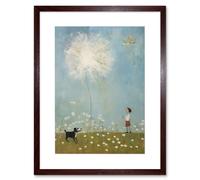 Artery8 Wall Art Print Chasing the Giant Dandelion Dream Artwork Giant Wish Oil Painting Kids Bedroom Child & Pet Dog in Daisy Field Artwork Framed Artery8 Brown W7" x H9"