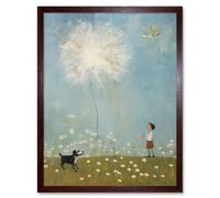 Artery8 Wall Art Print Chasing the Giant Dandelion Dream Artwork Giant Wish Oil Painting Kids Bedroom Child & Pet Dog in Daisy Field Art Framed Artery8 Brown W12" x H16"