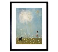 Artery8 Wall Art Print Chasing the Giant Dandelion Dream Artwork Giant Wish Oil Painting Kids Bedroom Child & Pet Dog in Daisy Field Artwork Framed Artery8 Black W7" x H9"